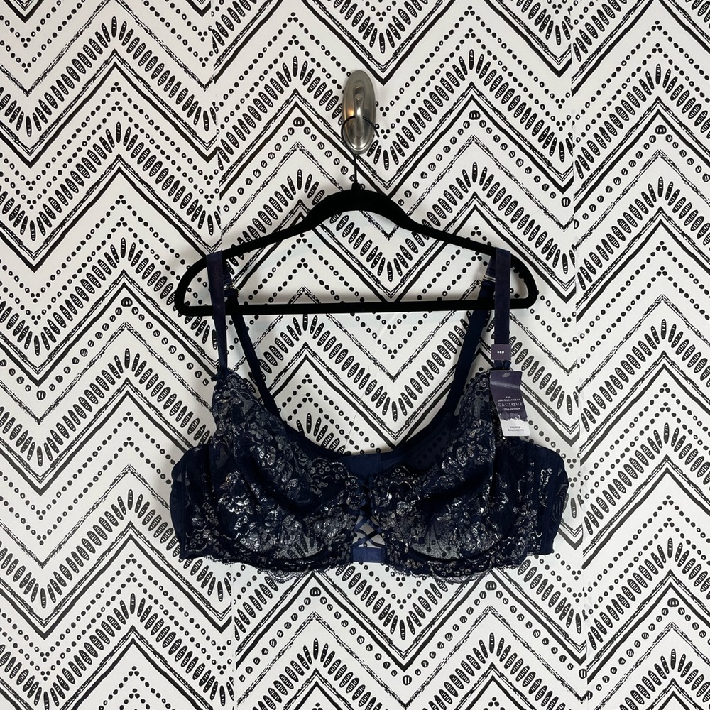 Nwt Women Cacique Blue Silver Metallic Floral Lace Unlined Balconette Bra 48D